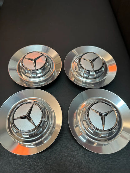 4x Original Mercedes Kreuzspeiche AMG Nabendeckel A0004001100 Silber/Chrom