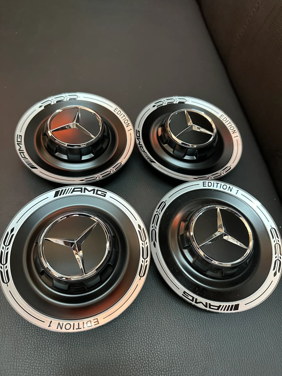 4x Original Wie Neu Mercedes AMG Edition1 Nabendeckel Silber/schwarz A0004005700