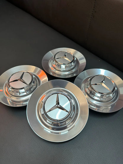 4x Original Mercedes Kreuzspeiche AMG Nabendeckel A0004001100 Silber/Chrom