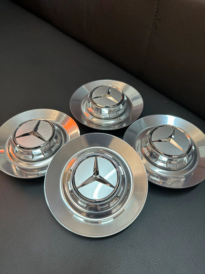 4x Original Mercedes Kreuzspeiche AMG Nabendeckel A0004001100 Silber/Chrom