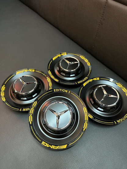 4x Original Wie Neu Mercedes AMG Edition1 Nabendeckel schwarz/Gelb A0004005700