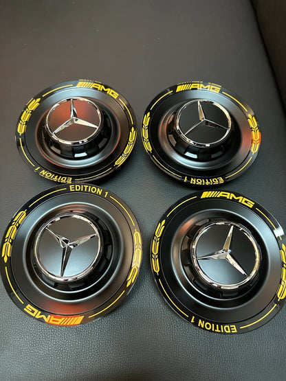 4x Original Wie Neu Mercedes AMG Edition1 Nabendeckel schwarz/Gelb A0004005700