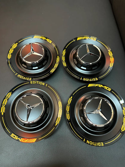 4x Original Wie Neu Mercedes AMG Edition1 Nabendeckel schwarz/Gelb A0004005700