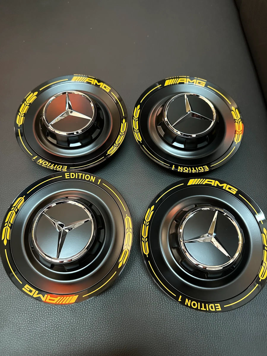 4x Original Wie Neu Mercedes AMG Edition1 Nabendeckel schwarz/Gelb A0004005700