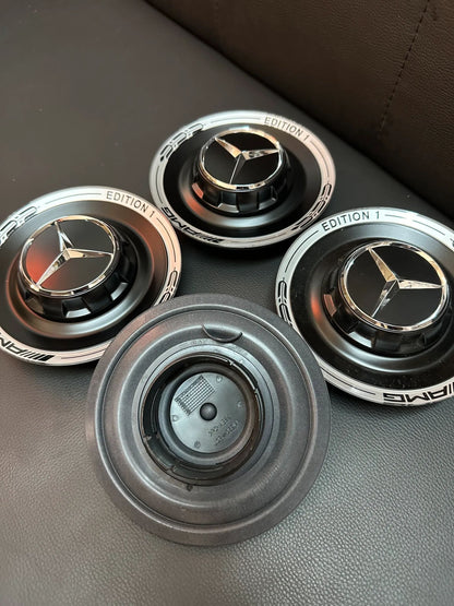 4x Original Wie Neu Mercedes AMG Edition1 Nabendeckel Silber/schwarz A0004005700
